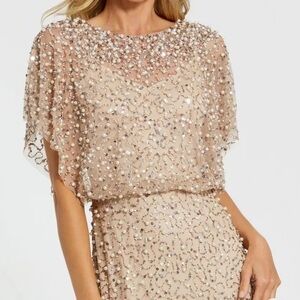 Mac Duggal Nude Gold Beige Mesh Cape Gown Pearls Mother of the Bride Groom 14523